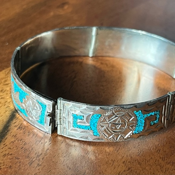 GM 10 MEXICO 925 STERLING SILVER TURQUOISE INLAY Hinge BRACELET 6.75” clasp 22g - Picture 7 of 16